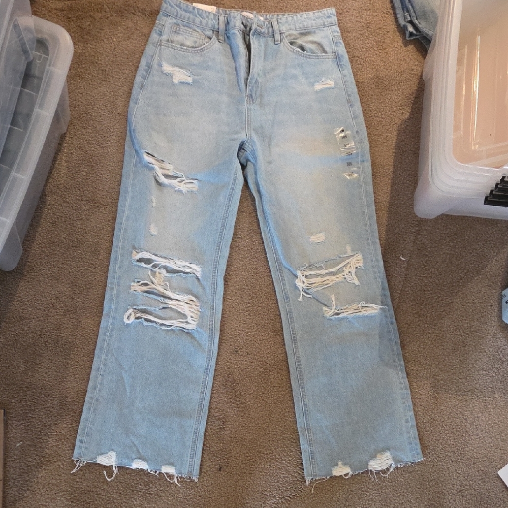 Flying Monkey Light Blue Distressed Straight Leg Jeans